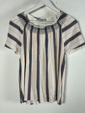 Daniel Rainn Women Striped Smocked Neck Top Blouse Small White/Blue Short Sleeve